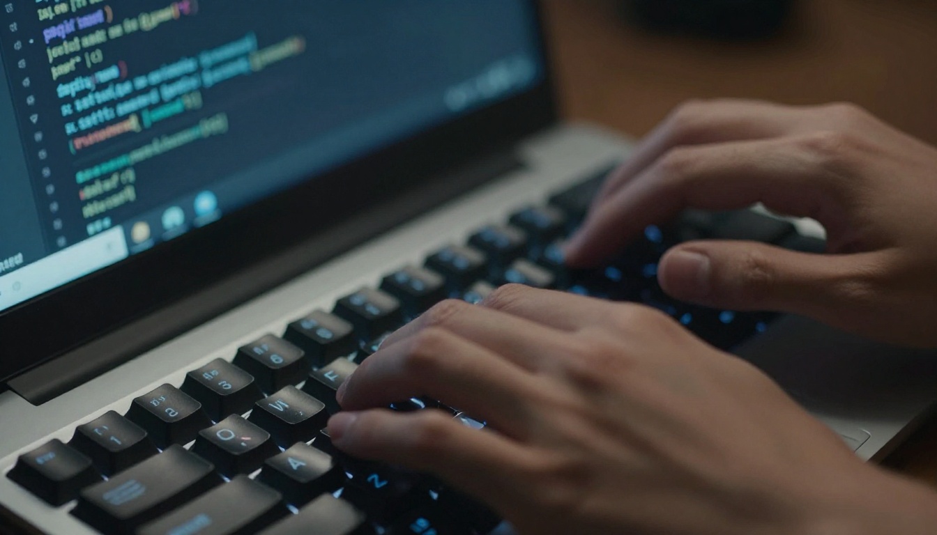 Close-up of hands on keyboard with AI prompt interface, creative workflow Close-up of hands on keyboard with AI prompt interface, creative workflow