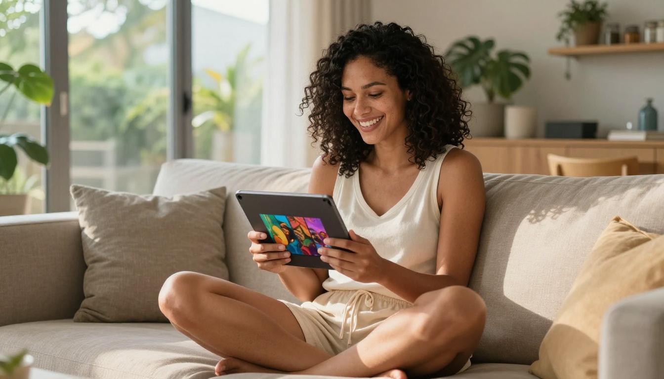Woman with tablet laughing at AI-generated images in natural home setting Woman with tablet laughing at AI-generated images in natural home setting