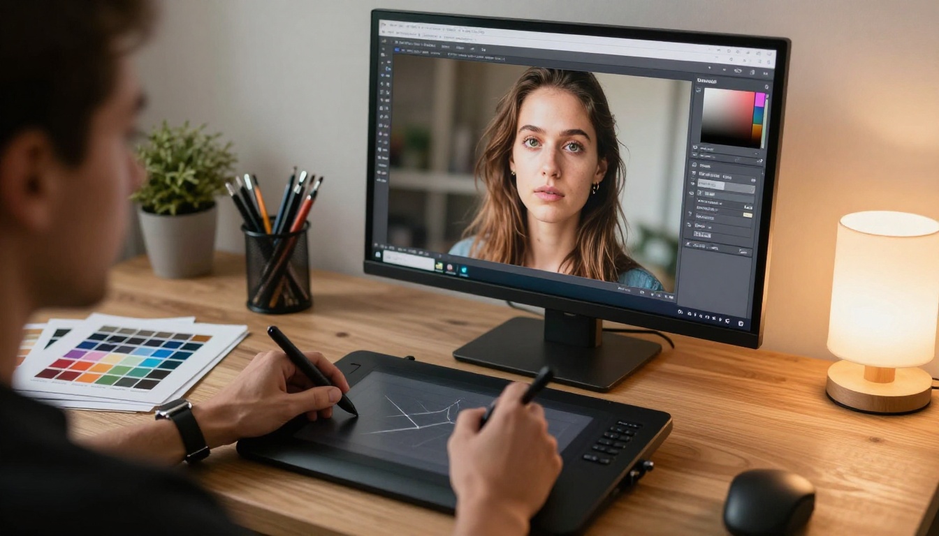 Professional portrait photographer retouching with Wacom stylus