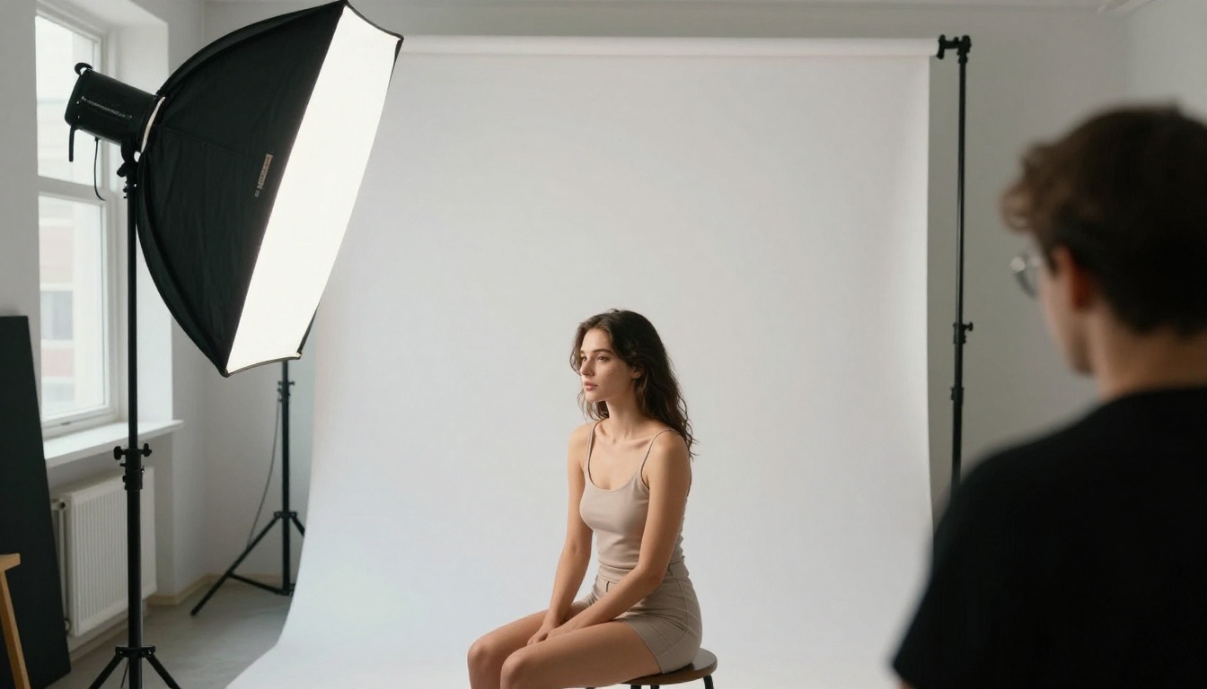 Portrait photography studio with model and octabox lighting