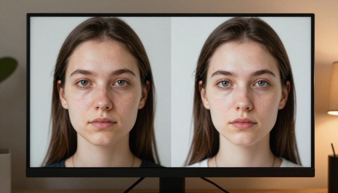 Portrait photographer reviewing retouching on monitor split-screen