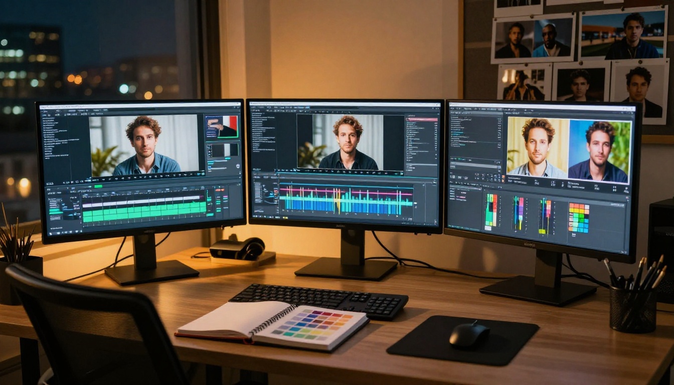 Professional editing setup with multiple monitors showing portrait work