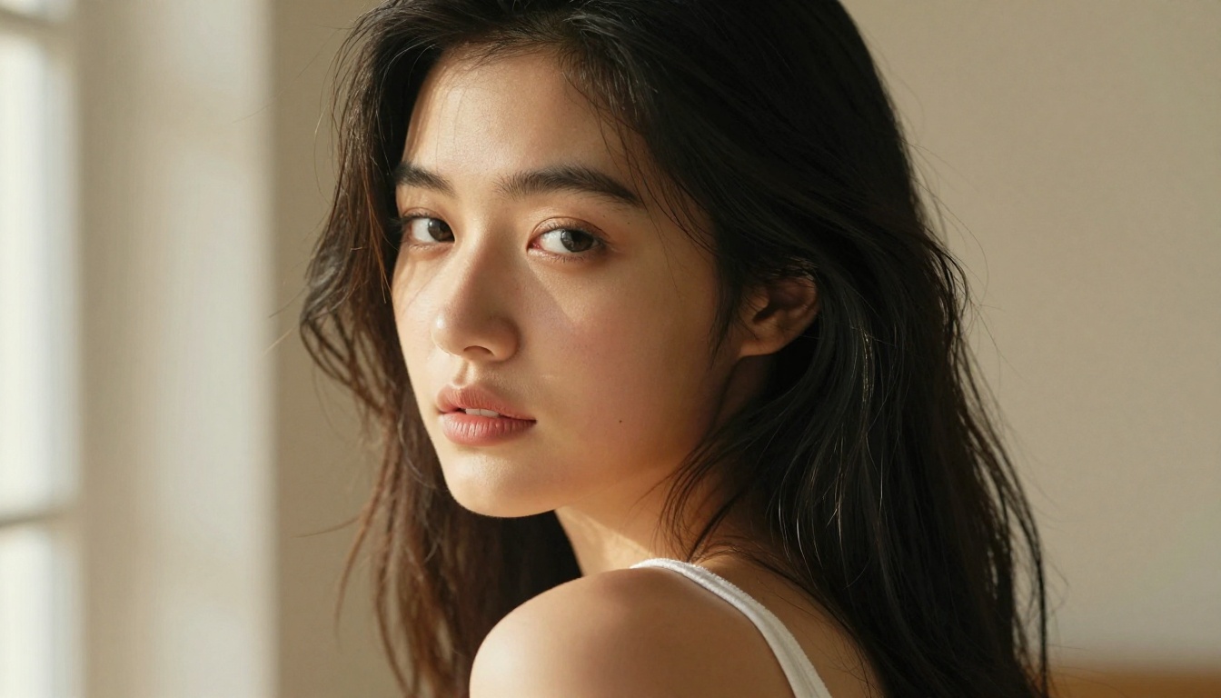 Close-up beauty portrait with soft natural window lighting, bare shoulders, warm honey-toned skin Close-up beauty portrait with soft natural window lighting, bare shoulders, warm honey-toned skin