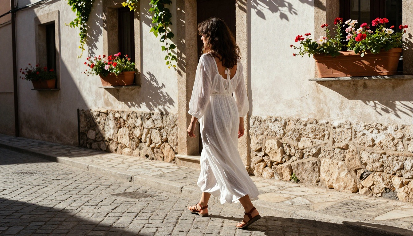 Woman in white sundress walking through Mediterranean cobblestone alley, dress translucent in backlight Woman in white sundress walking through Mediterranean cobblestone alley, dress translucent in backlight