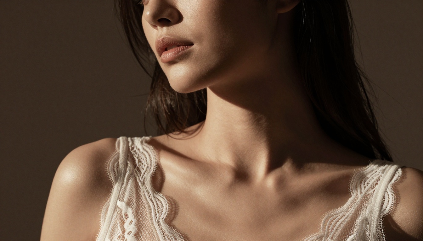 Beauty editorial portrait with Rembrandt lighting, white lace fabric, warm sepia tones Beauty editorial portrait with Rembrandt lighting, white lace fabric, warm sepia tones