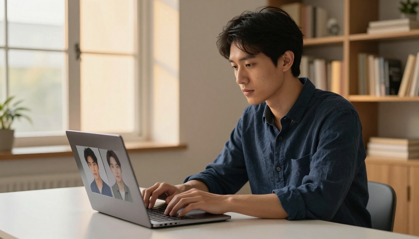 Young man comparing original and AI-edited photos on a laptop in warm afternoon light