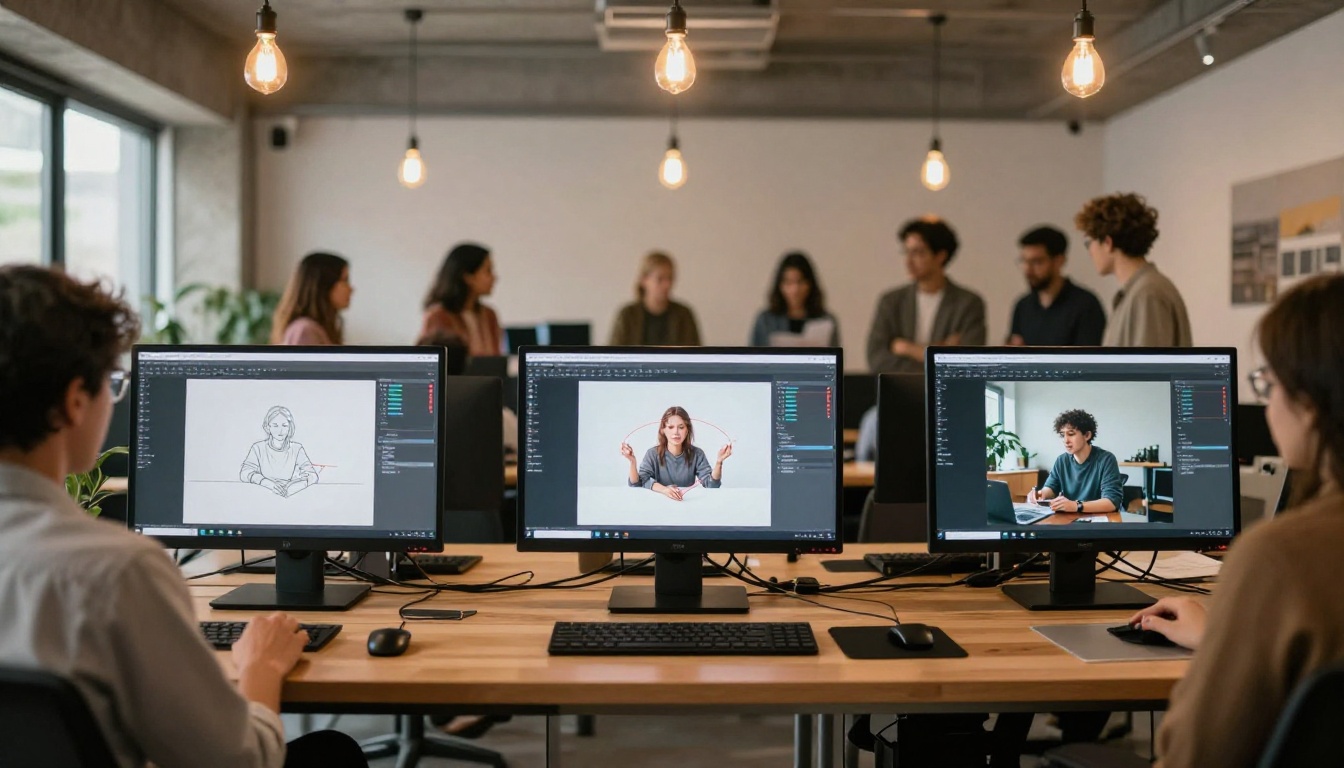 Three monitors in a creative agency showing different AI image outputs side by side