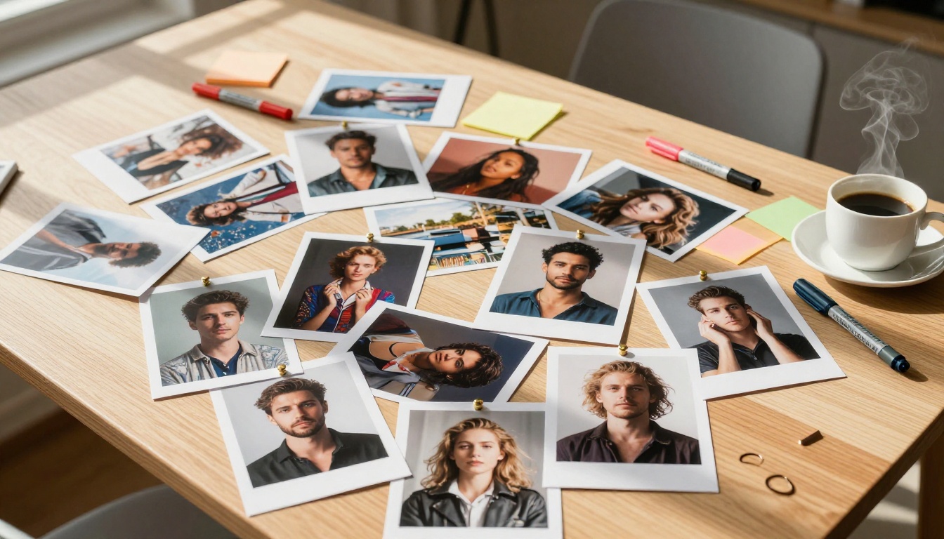 Flat lay of a mood board covered with printed photorealistic AI-generated images
