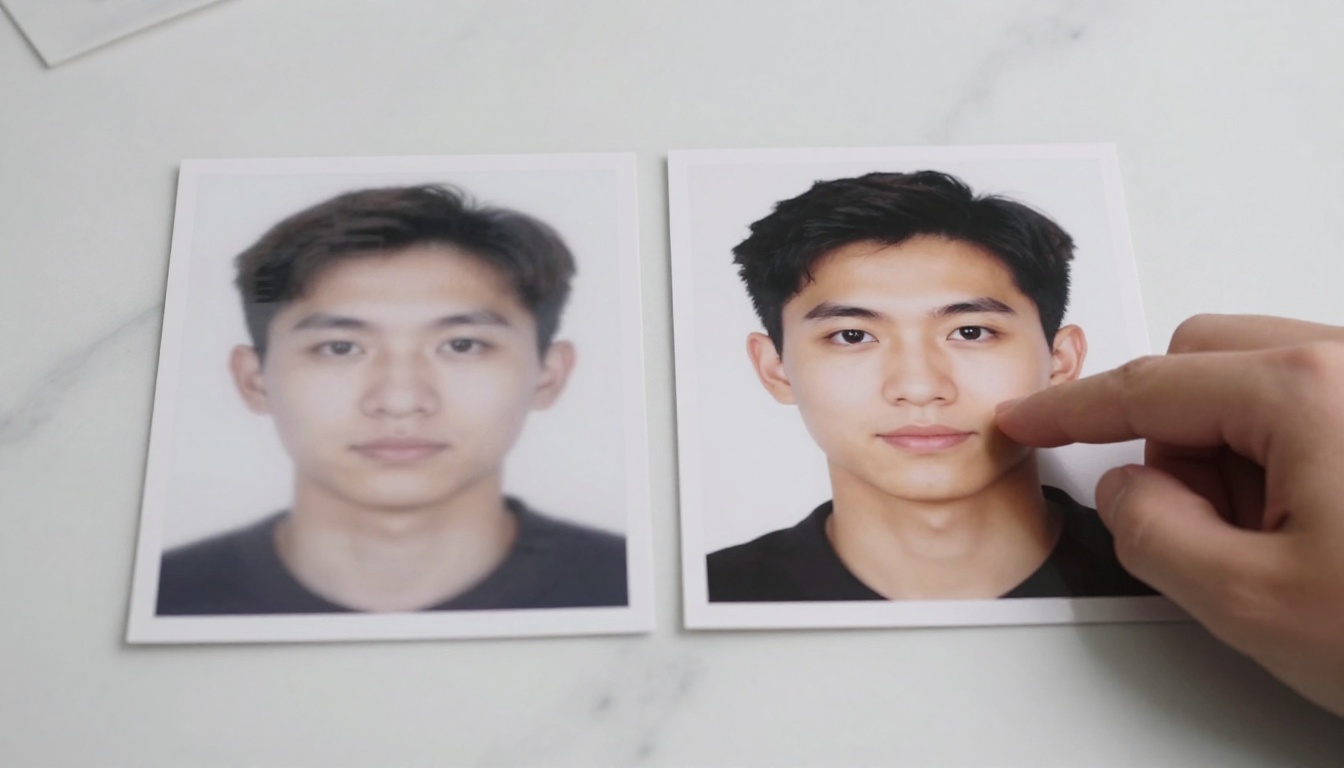 Two printed photos compared side by side, one blurry with distorted text, one sharp and perfect