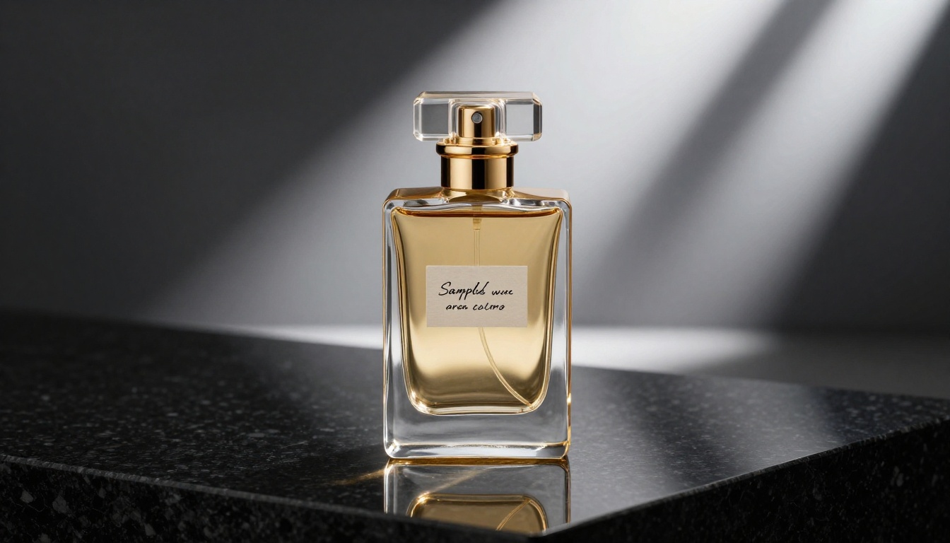 Photorealistic luxury perfume bottle product shot with dramatic studio lighting and glass reflections