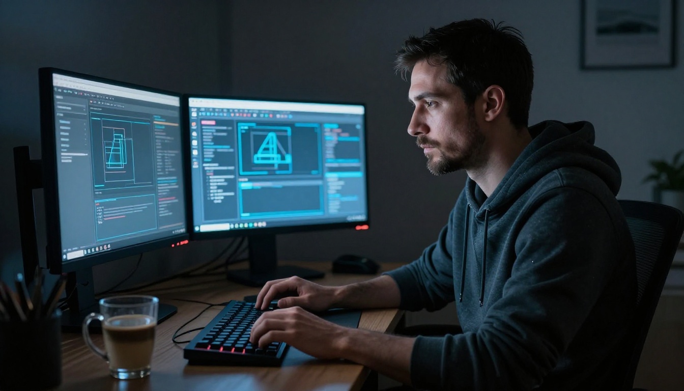 Man working intensely at a dual monitor setup in a dim room, screen light illuminating his face