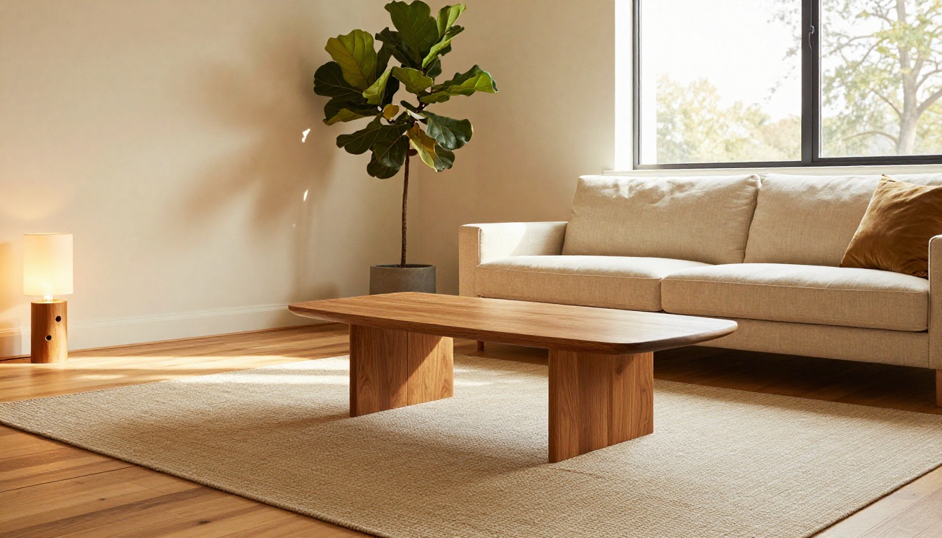 Photorealistic mid-century living room with warm oak furniture and golden lamp light across hardwood floors