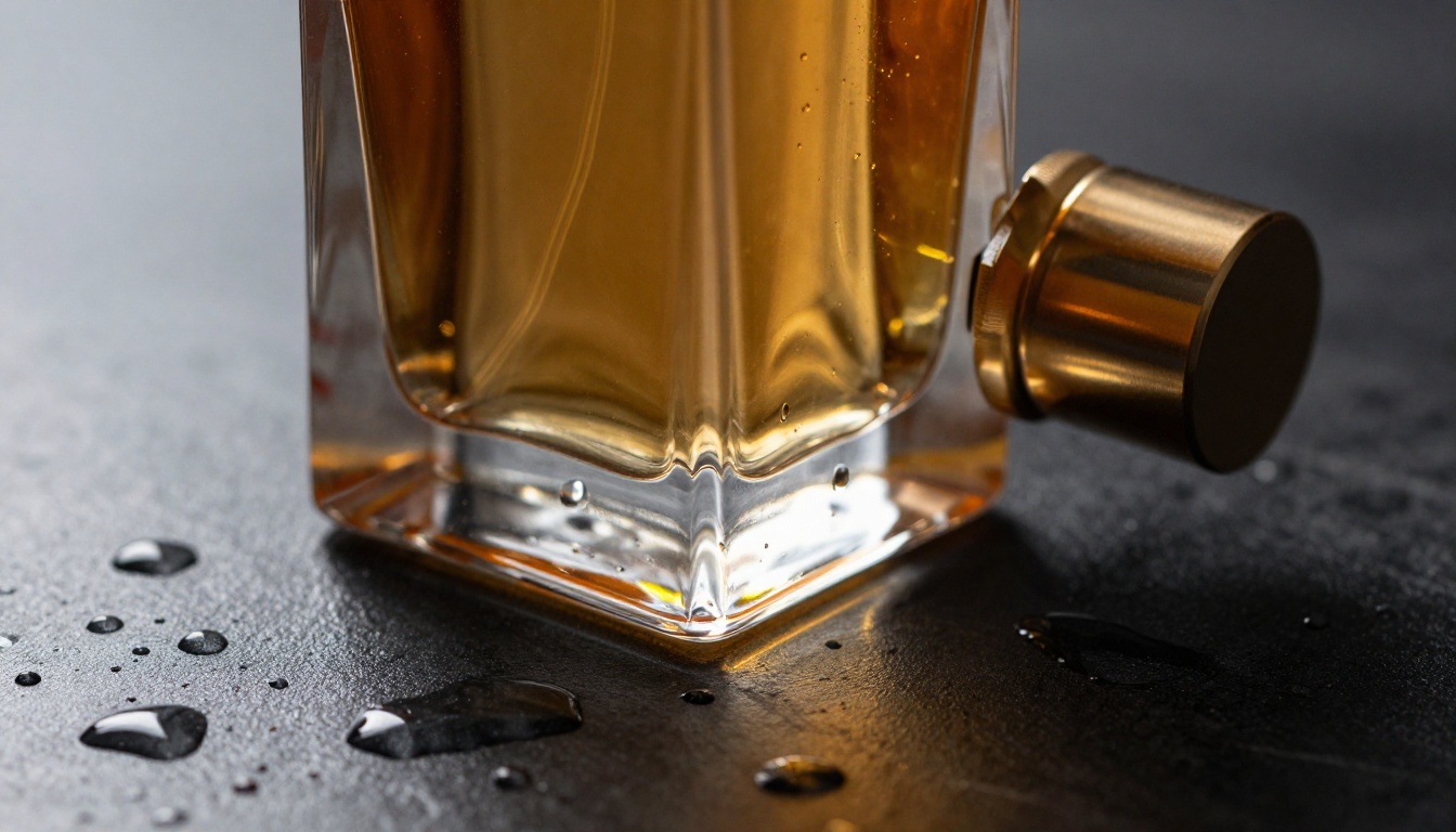 Amber glass perfume bottle on black marble with dramatic side lighting, macro product photography