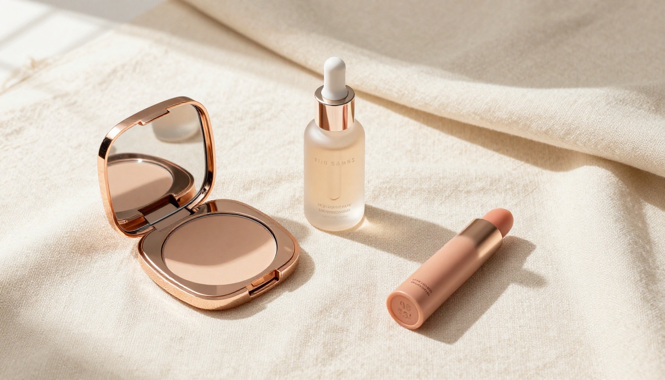 Overhead flatlay of cosmetic products arranged on cream linen, soft natural window lighting