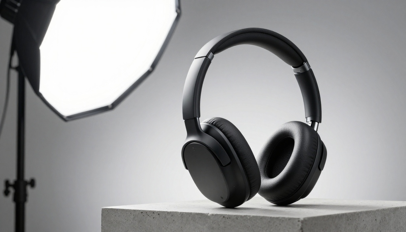 Premium matte black headphones on concrete pedestal, single large softbox, dramatic edge lighting