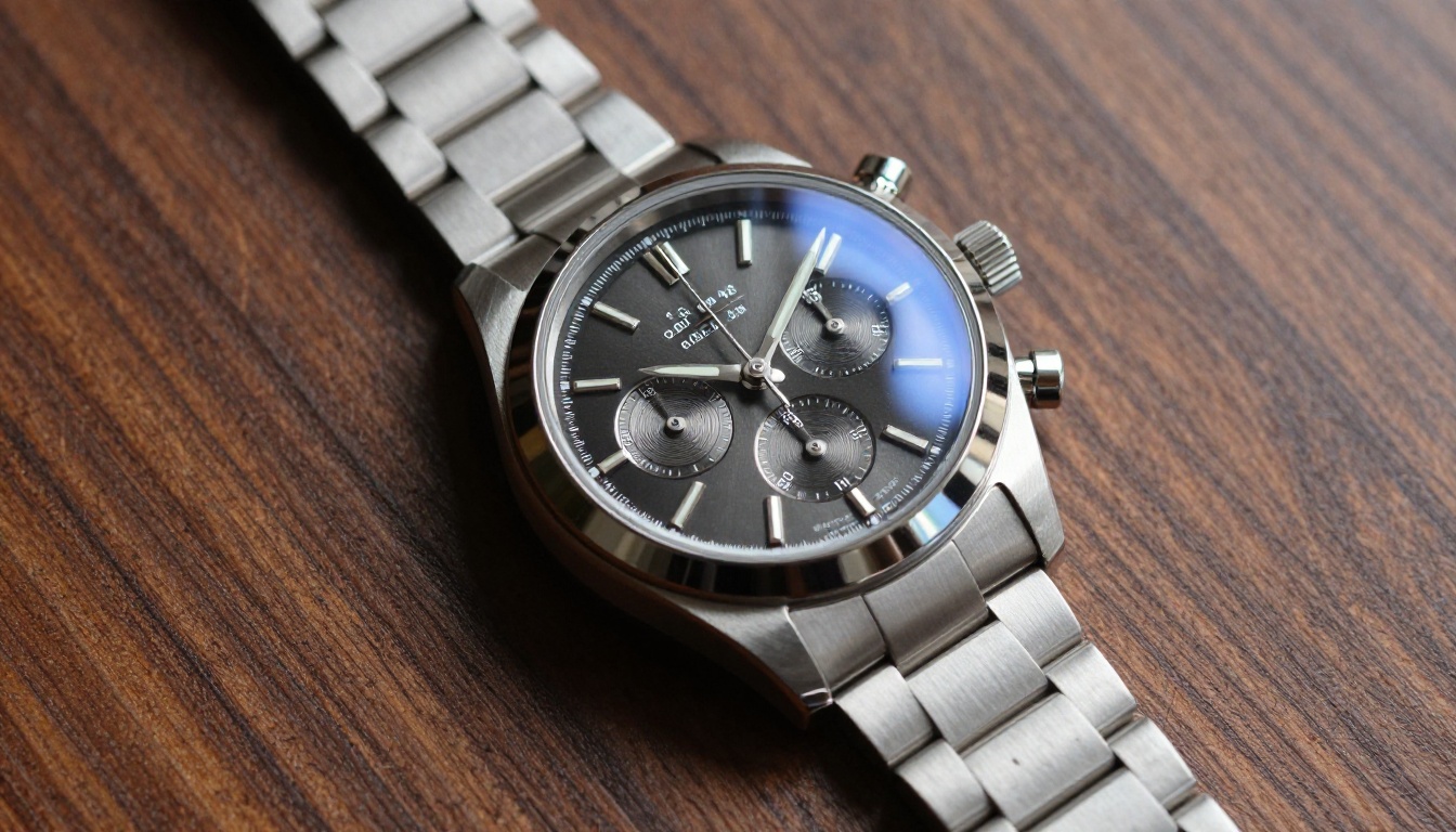 Luxury chronograph watch on dark walnut wood, strong directional strip softbox, macro crown detail