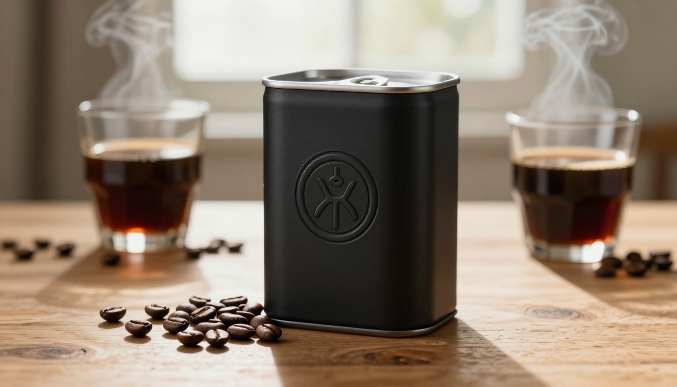 Cold brew coffee can on oak wood table, coffee beans scattered, warm volumetric morning light