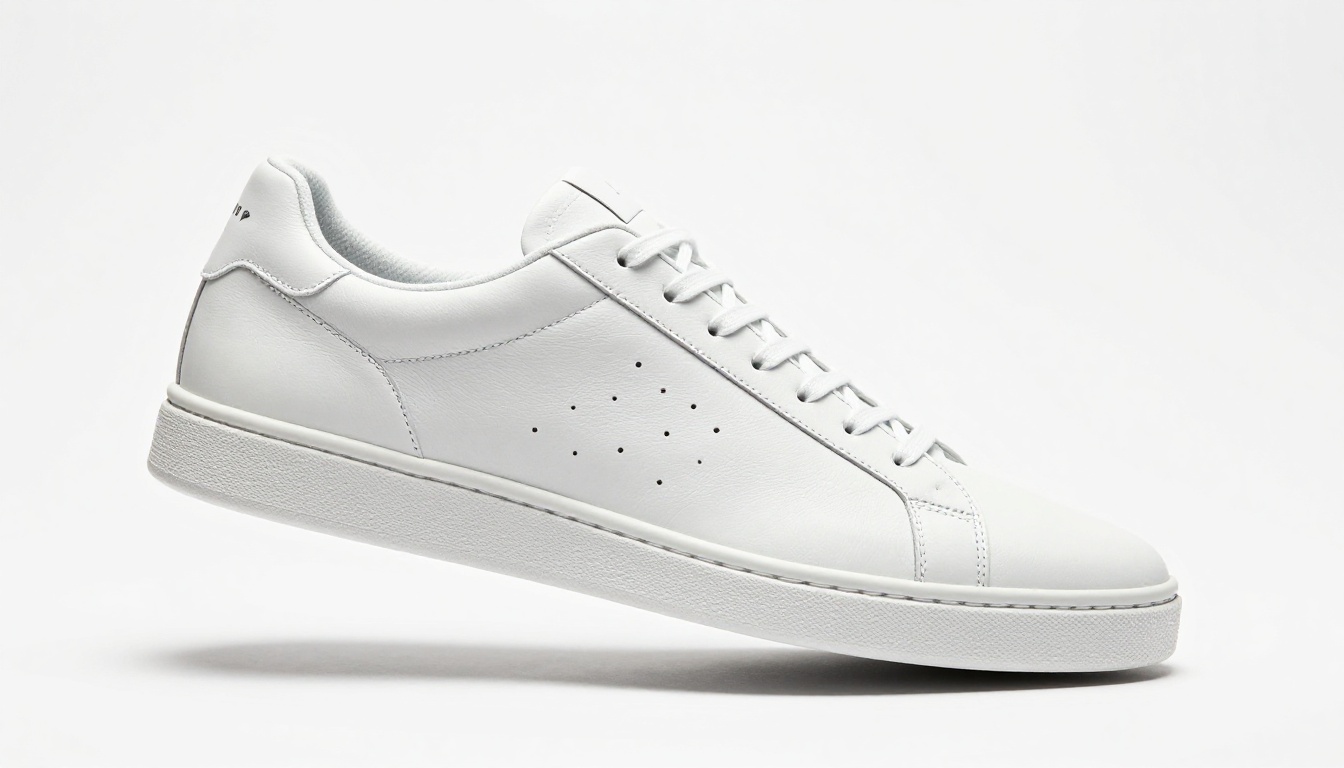 White leather sneaker suspended mid-air against seamless white backdrop, multi-strobe even illumination