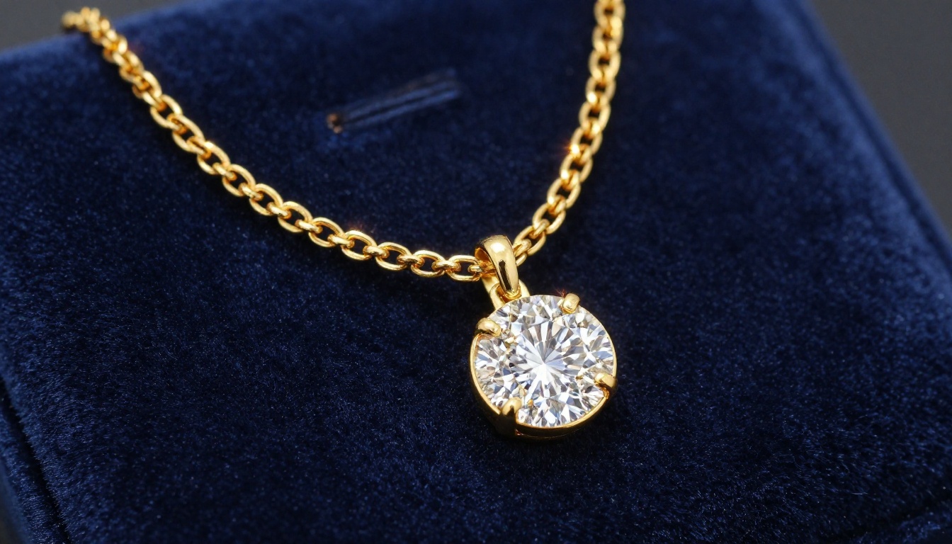 Gold chain necklace on navy velvet cushion, rim backlighting, sharp diamond facet detail