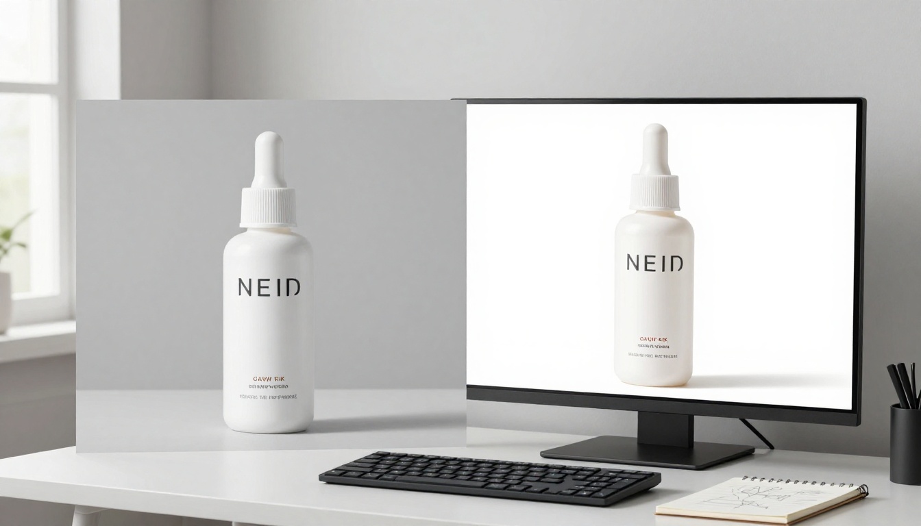 Professional photographer's desk with before-after product photo comparison on monitor, natural daylight