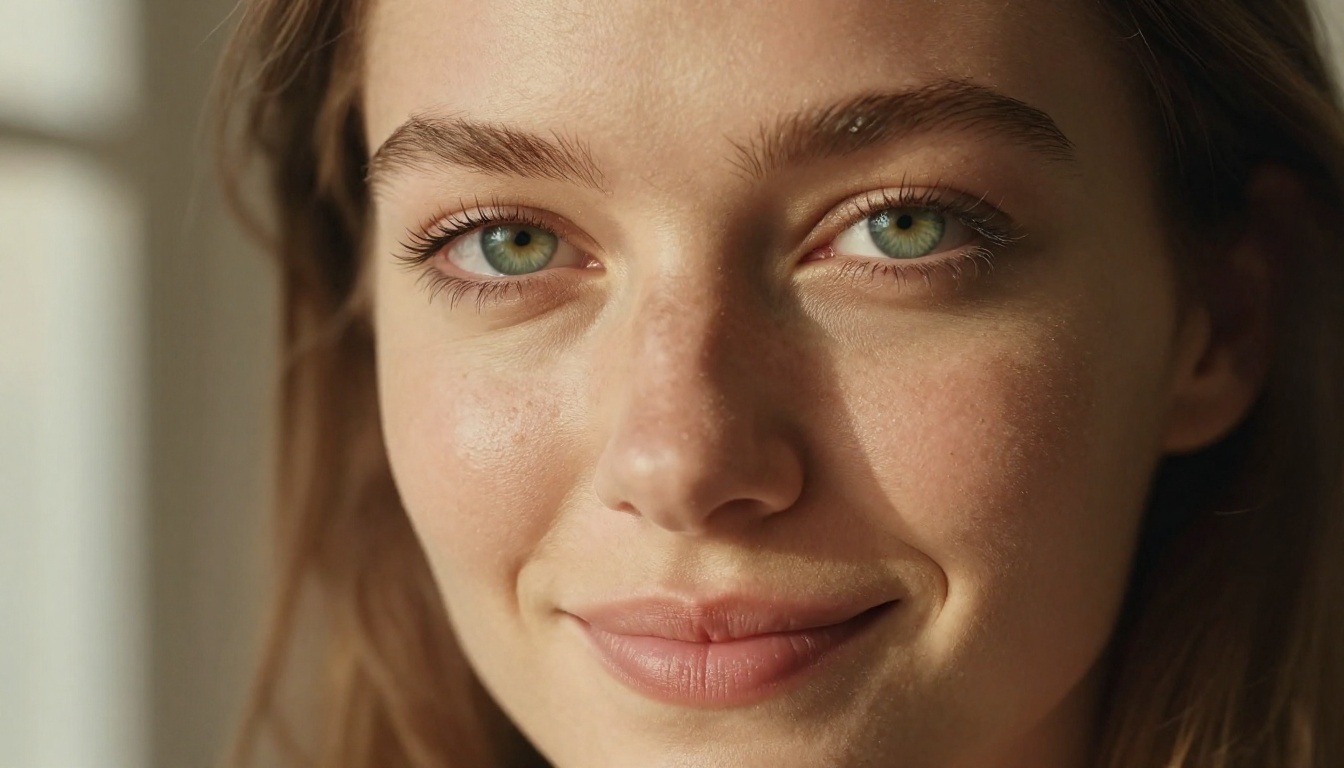 Photorealistic close-up portrait, green eyes, golden morning light, 100mm macro lens Photorealistic close-up portrait, green eyes, golden morning light, 100mm macro lens