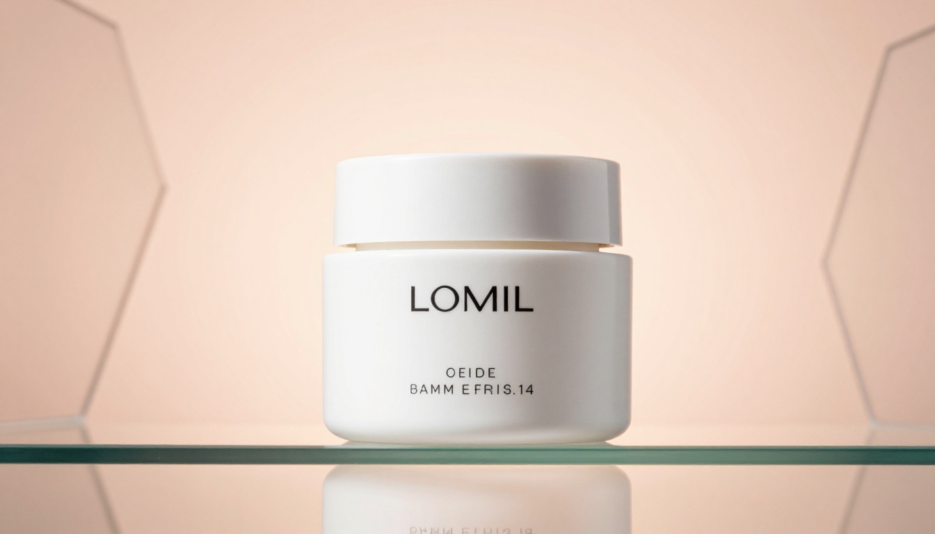 Low-angle dramatic shot of white ceramic moisturizer jar on glass surface, pastel peach gradient, luxury skincare photography