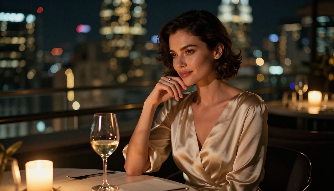 Elegant woman in champagne silk evening dress, rooftop bar, candlelight, 85mm f/1.4 Elegant woman in champagne silk evening dress, rooftop bar, candlelight, 85mm f/1.4