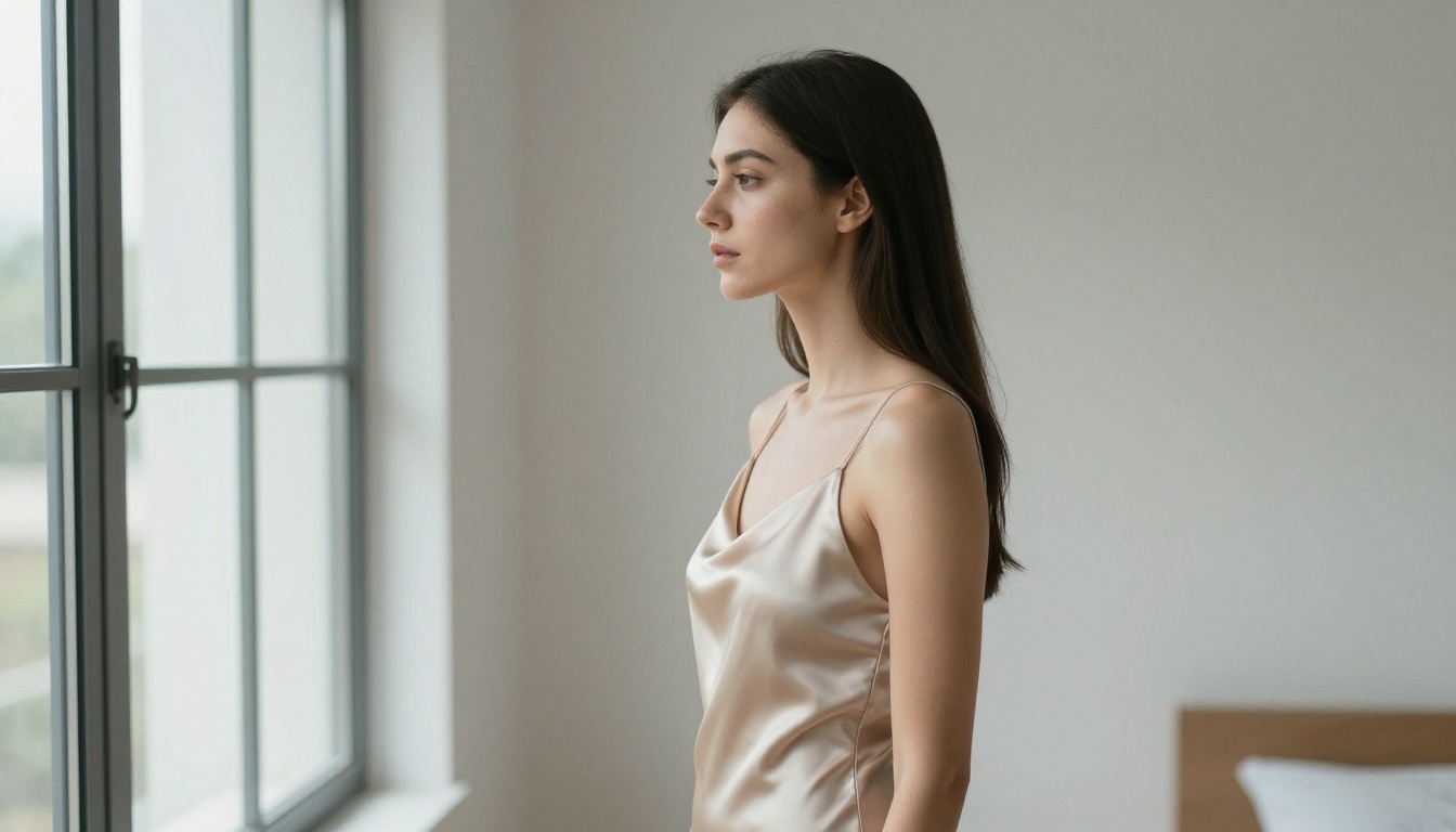 Woman side profile in natural bedroom window light, satin slip dress, 85mm lens Woman side profile in natural bedroom window light, satin slip dress, 85mm lens