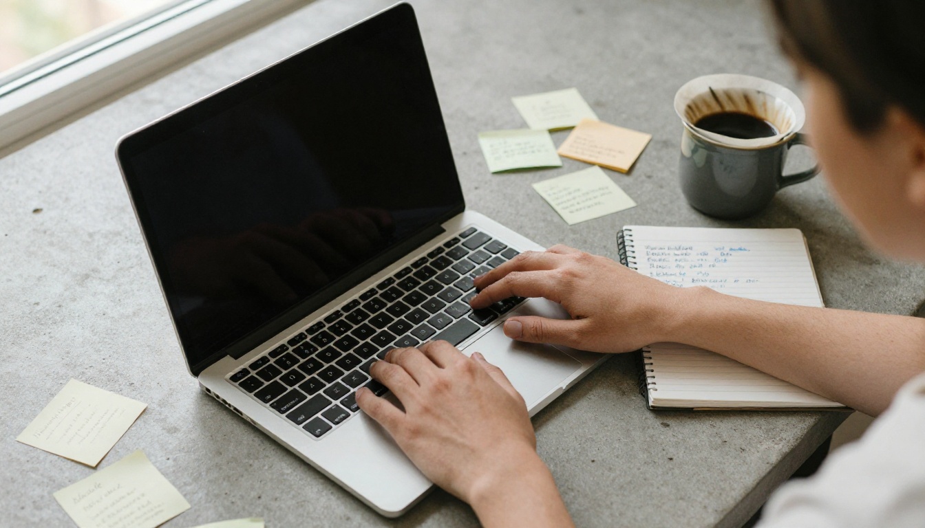 Overhead aerial shot of hands typing detailed text prompt notes on a laptop with notebook and coffee Overhead aerial shot of hands typing detailed text prompt notes on a laptop with notebook and coffee