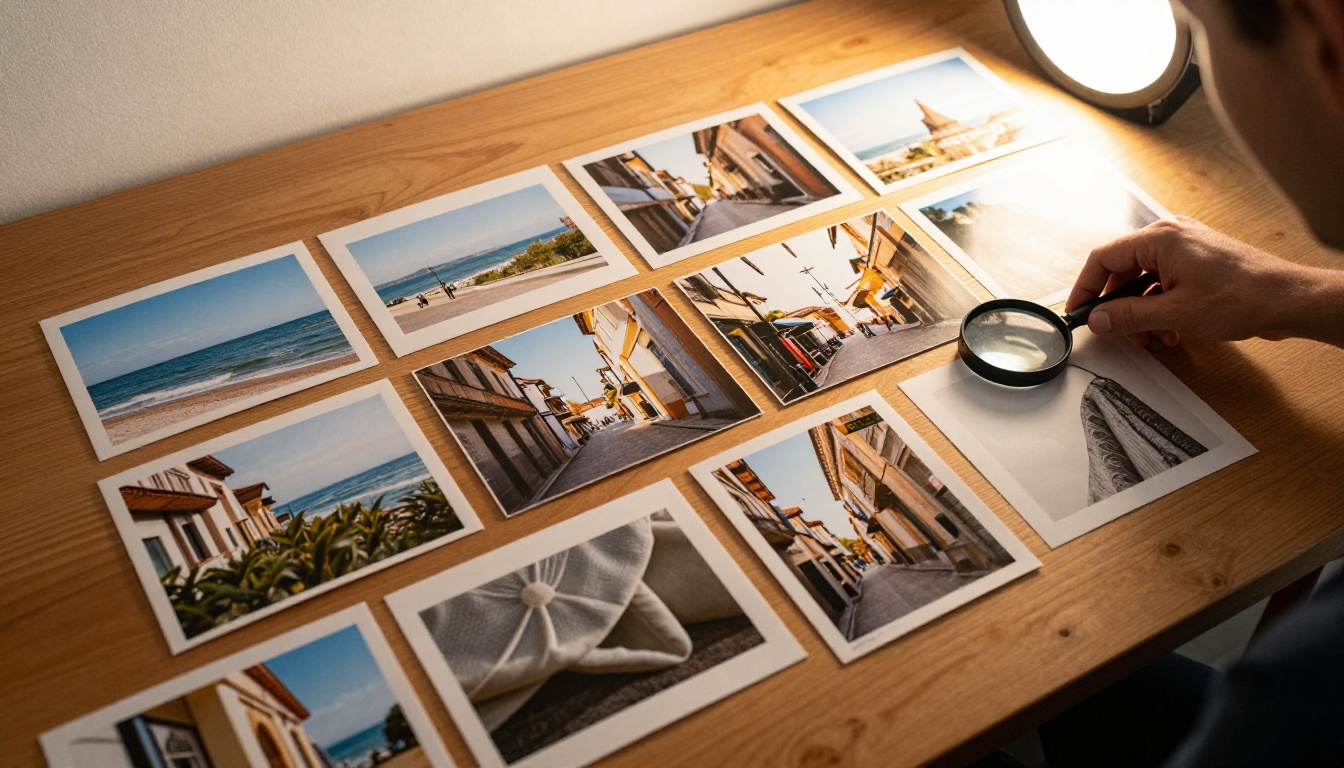 Multiple reference photographs arranged on a wooden desk for AI-guided image generation Multiple reference photographs arranged on a wooden desk for AI-guided image generation