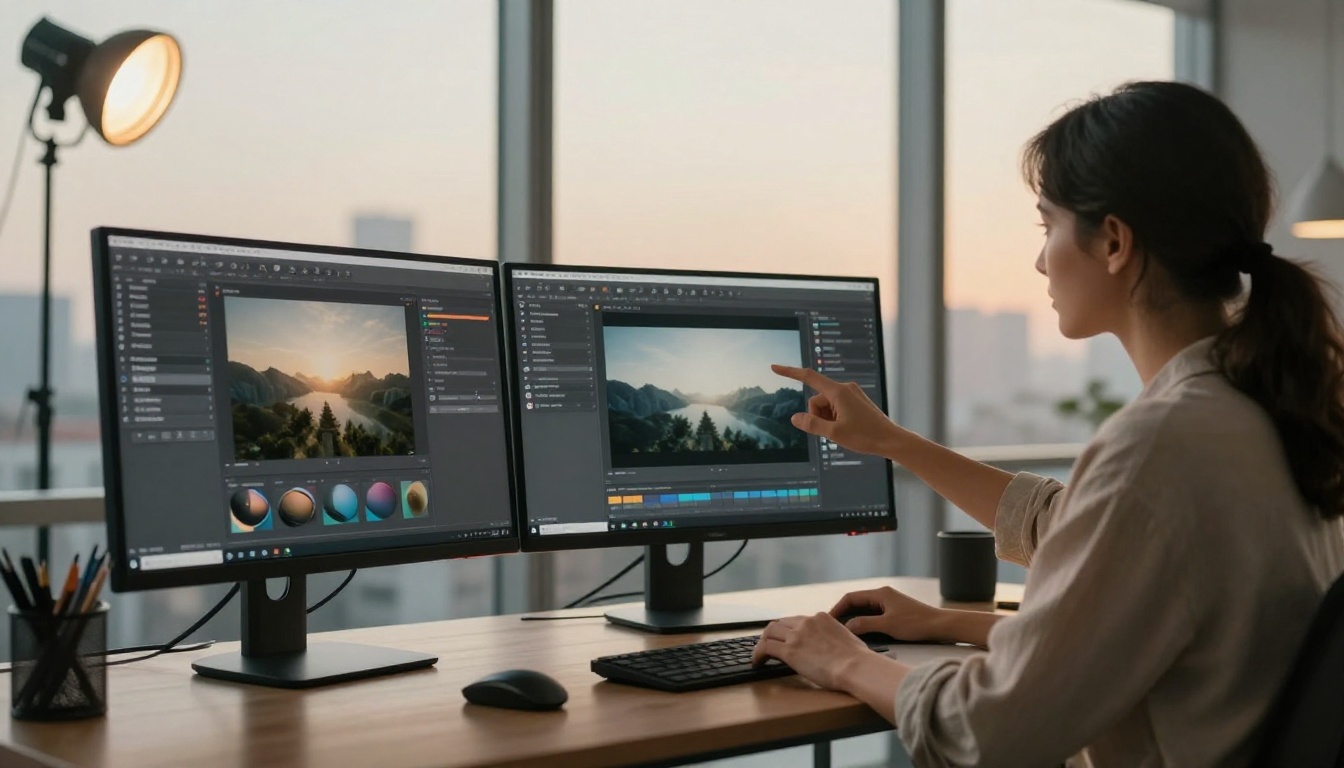 Graphic designer selecting aspect ratio settings on a dual monitor workstation with city backdrop Graphic designer selecting aspect ratio settings on a dual monitor workstation with city backdrop