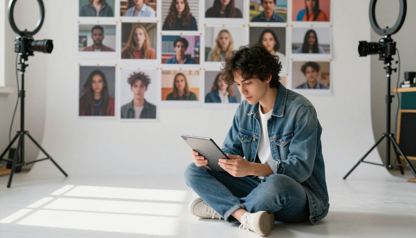 Content creator reviewing AI-generated images in studio