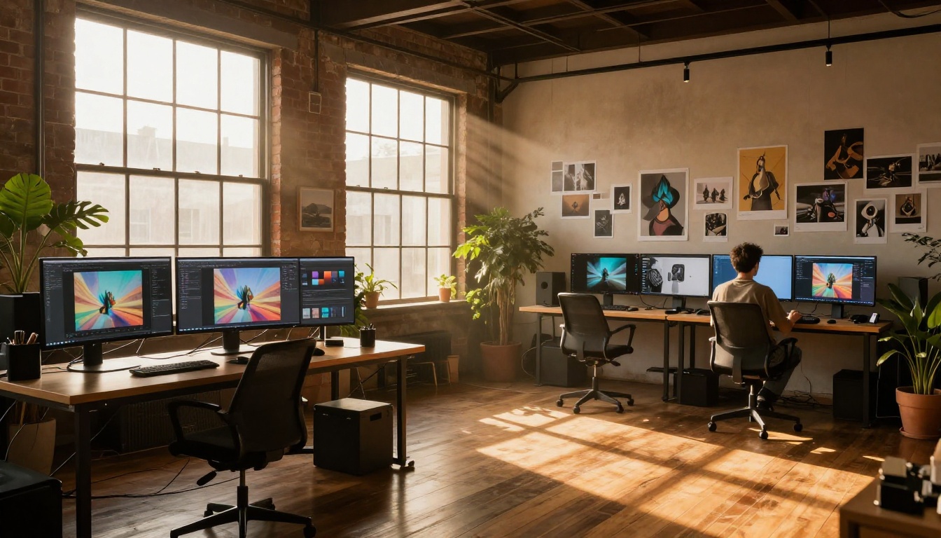 Creative artist studio with AI-generated artwork on displays