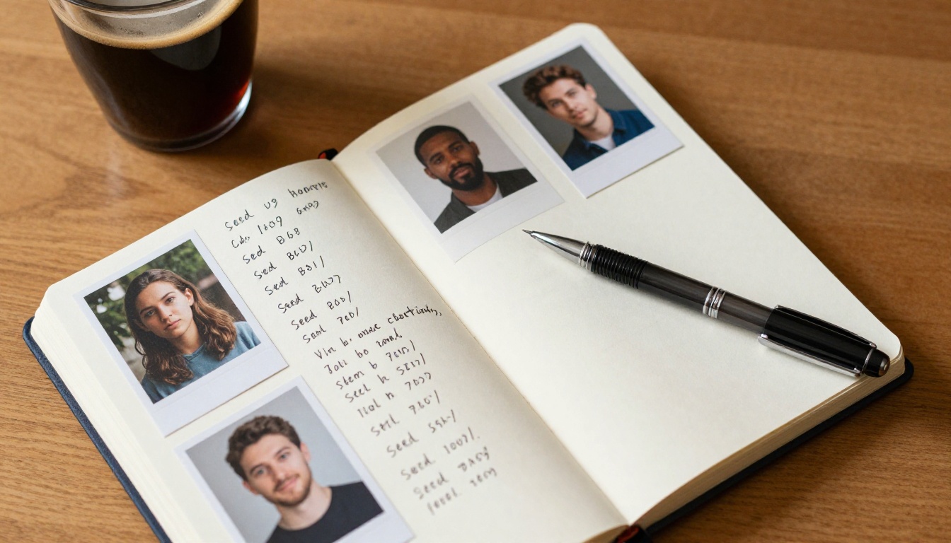 Open notebook with handwritten seed numbers and prompt iteration notes beside four small printed AI-generated images on an oak desk Open notebook with handwritten seed numbers and prompt iteration notes beside four small printed AI-generated images on an oak desk