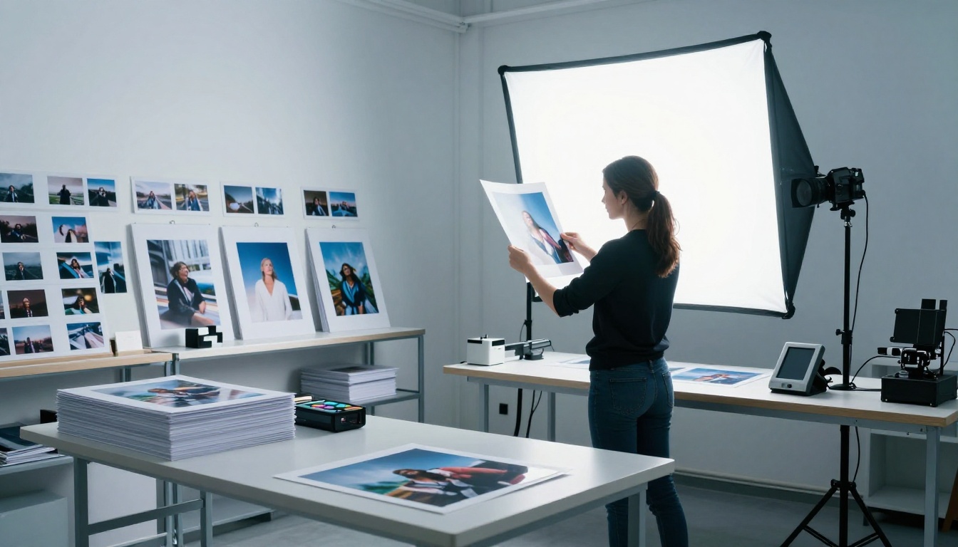 Photographer examining large-format glossy print against a backlit light table in a professional print studio Photographer examining large-format glossy print against a backlit light table in a professional print studio