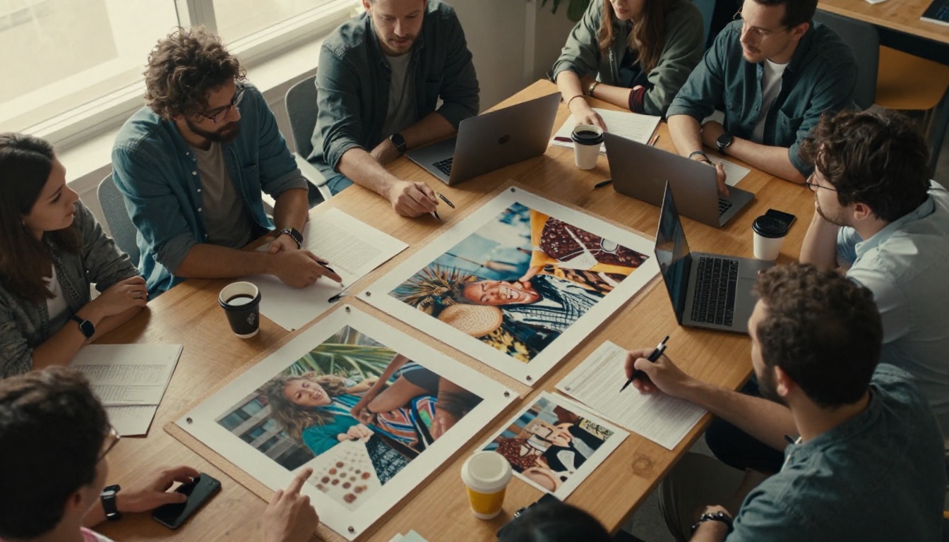 Creative team gathered around a conference table comparing large-format prints for quality differences Creative team gathered around a conference table comparing large-format prints for quality differences