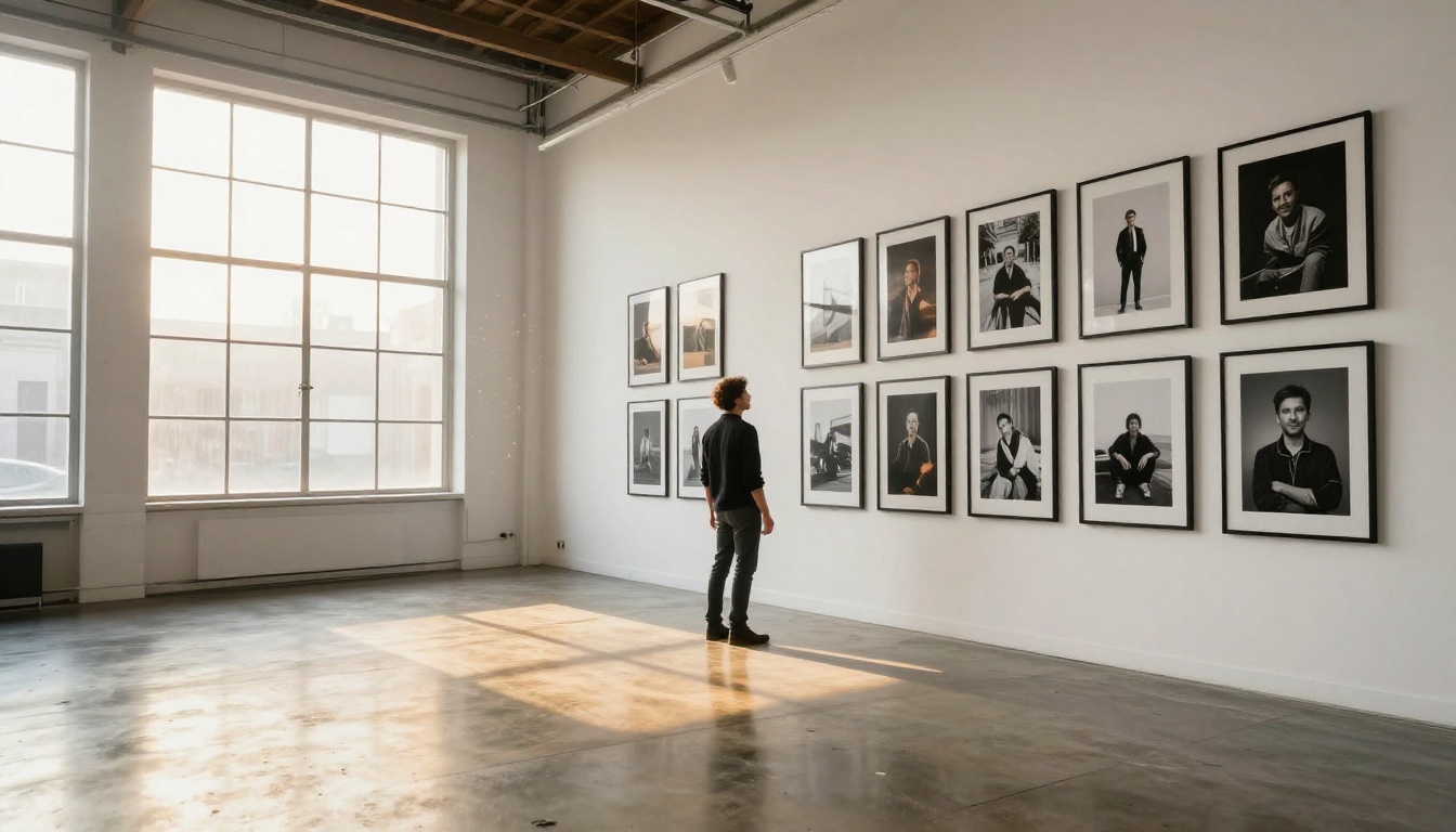 Creative professional standing confidently in a modern studio gallery with large-format AI-generated photorealistic prints on white walls Creative professional standing confidently in a modern studio gallery with large-format AI-generated photorealistic prints on white walls