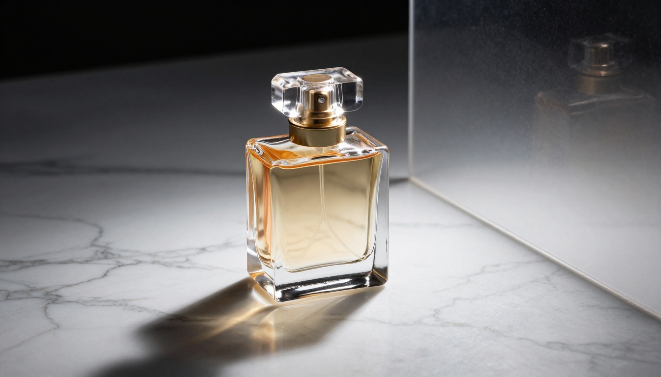 Luxury perfume product photography with photorealistic AI image generation rendering
