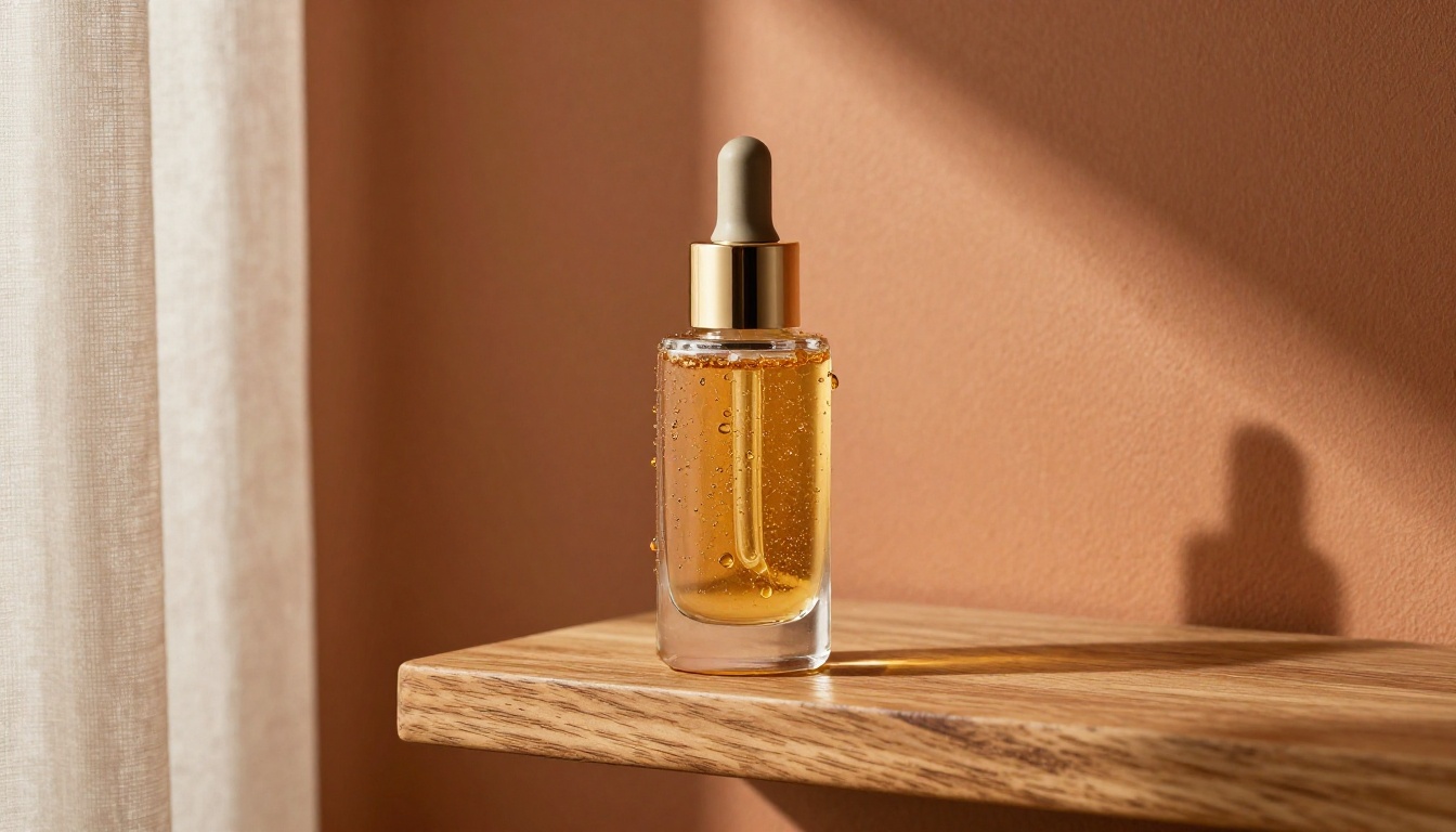 Luxury skincare serum bottle with warm morning light on oak shelf