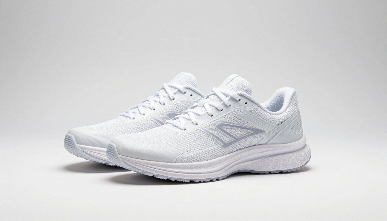 Premium athletic running shoes flat lay aerial shot on clean white surface