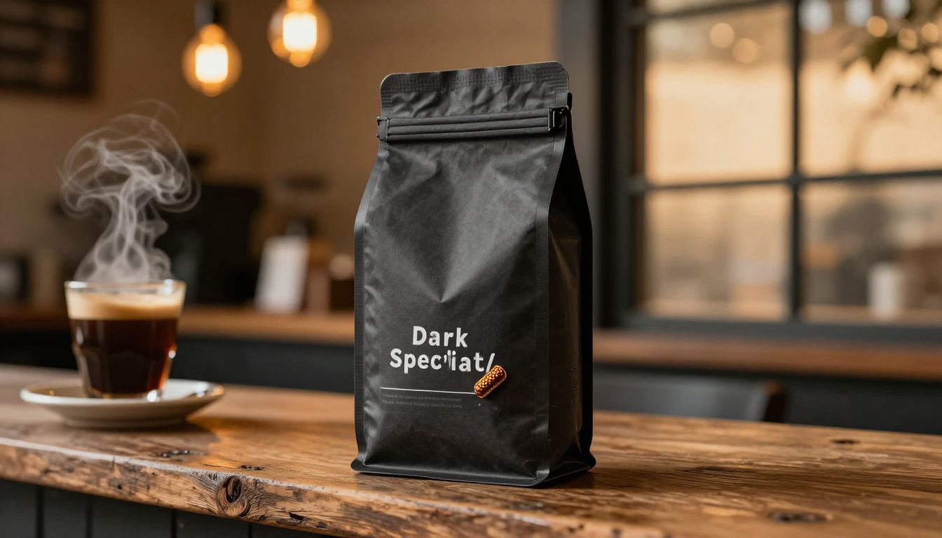 Specialty coffee bag with rustic wood surface and warm cafe bokeh