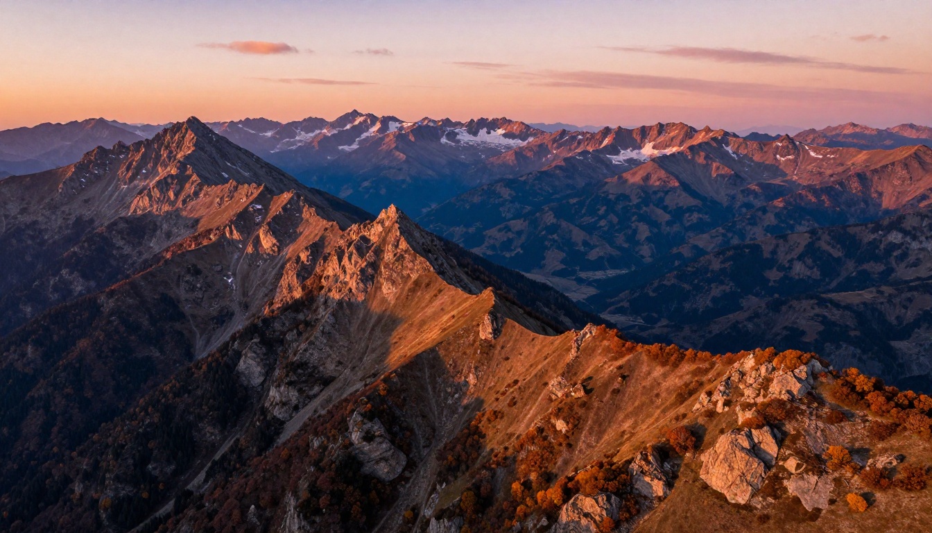 Aerial mountain landscape at golden hour demonstrating photorealistic AI generation quality