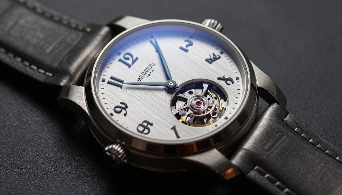 Luxury mechanical watch macro close-up on gunmetal surface