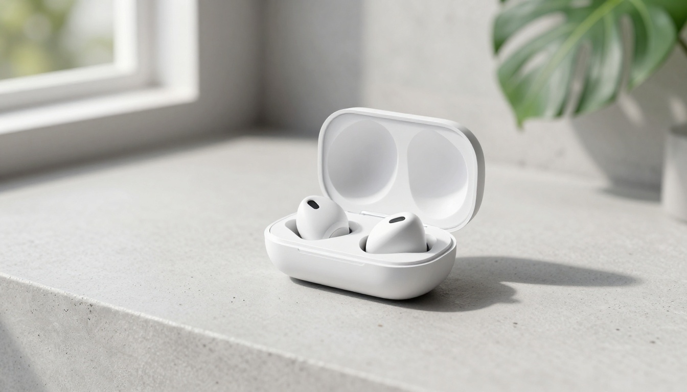 Tech product earbuds lifestyle shot on concrete surface with monstera leaf