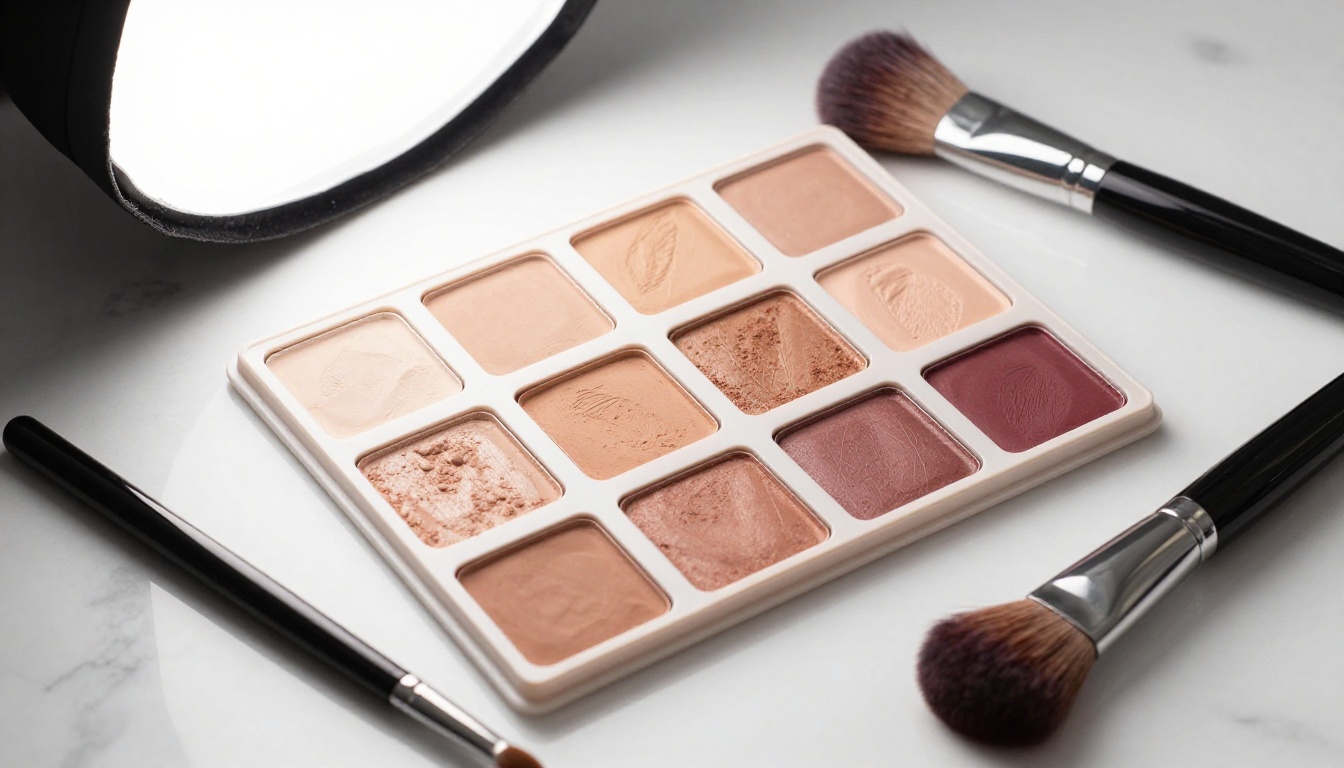 Professional makeup palette overhead flat lay with brushes on marble