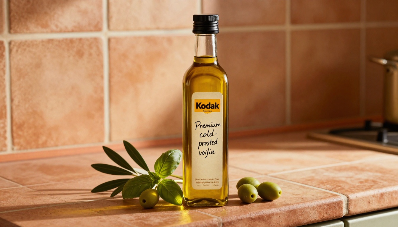 Extra virgin olive oil bottle with Mediterranean kitchen setting and golden light