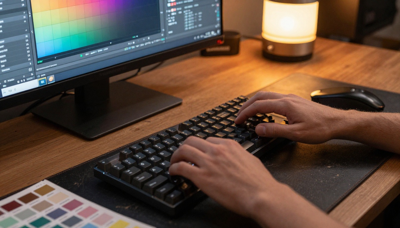 Graphic designer at workspace using AI image generation software with color grading tools