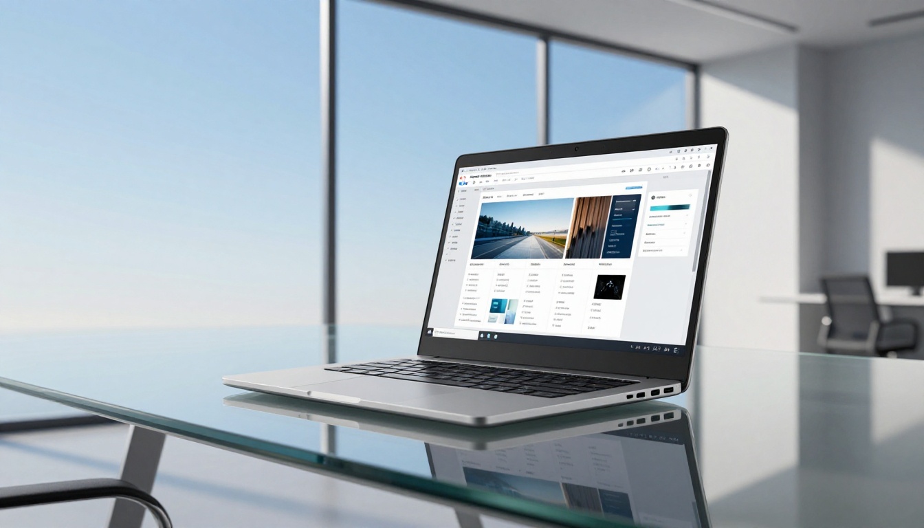 Silver laptop product shot on glass conference table modern office setting