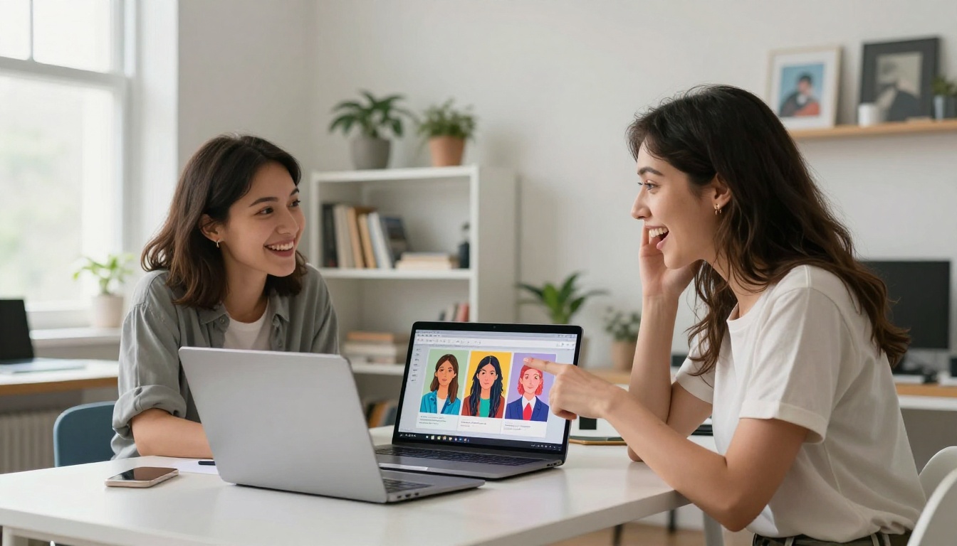 Two women at laptop exploring AI generation results, creative studio workspace
