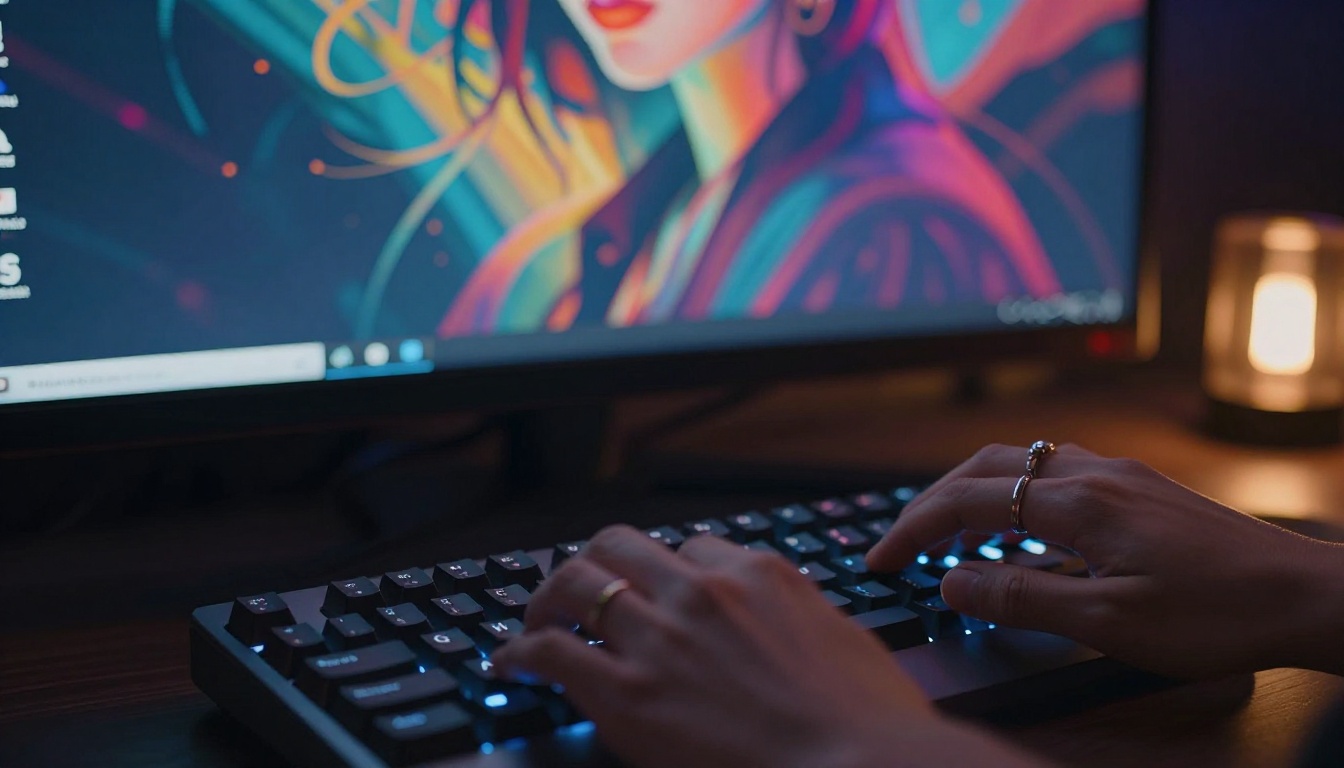 Hands typing on keyboard, monitor displaying AI-generated art in vivid colors